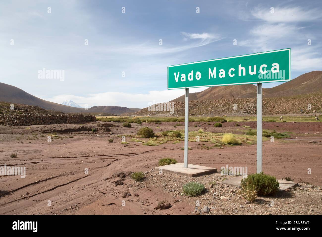 The roadsign at Machuca on the Rio Grande, near San Pedro de Atacama, Chile Stock Photo