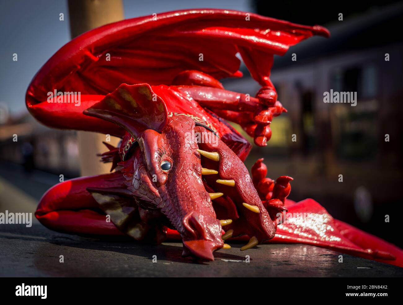 Close up of red dragon hand puppet lying isolated (as defeated) on platform of vintage train station in sunshine. Concept defeat, giving up, surrender. Stock Photo