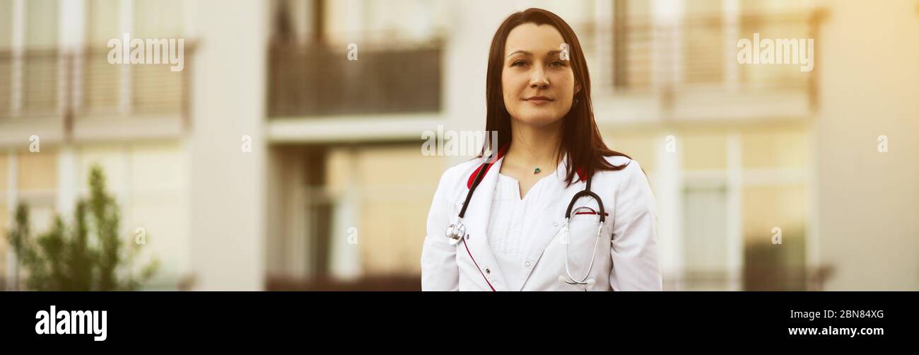 Banner of happy young female medical doctor or nurse smiling Stock ...