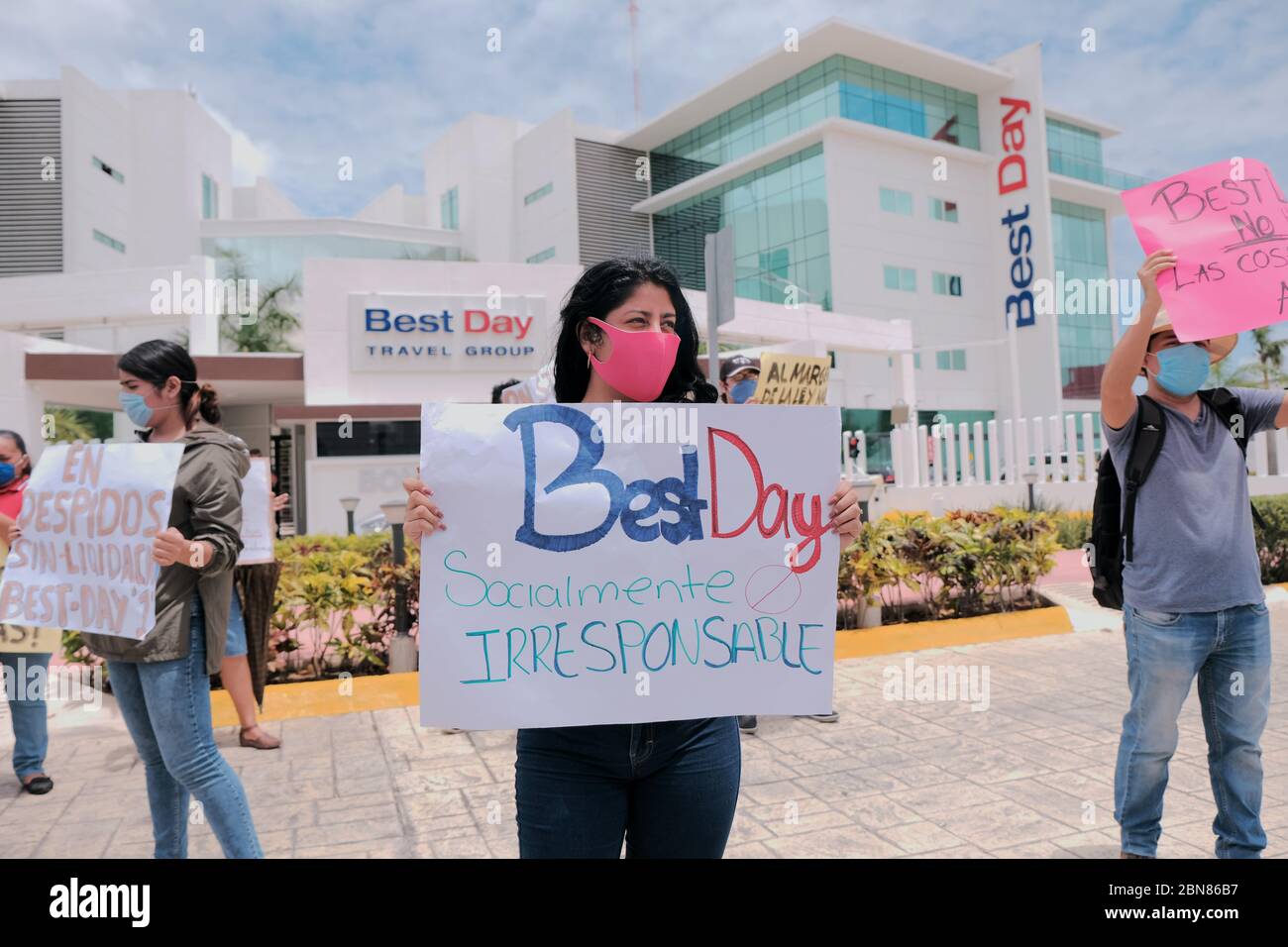 Cancun, Mexico, May 11, 2020.- Workers of the travel agency "Best Day" protest dismissals during the COVID-19 quarantine. Stock Photo