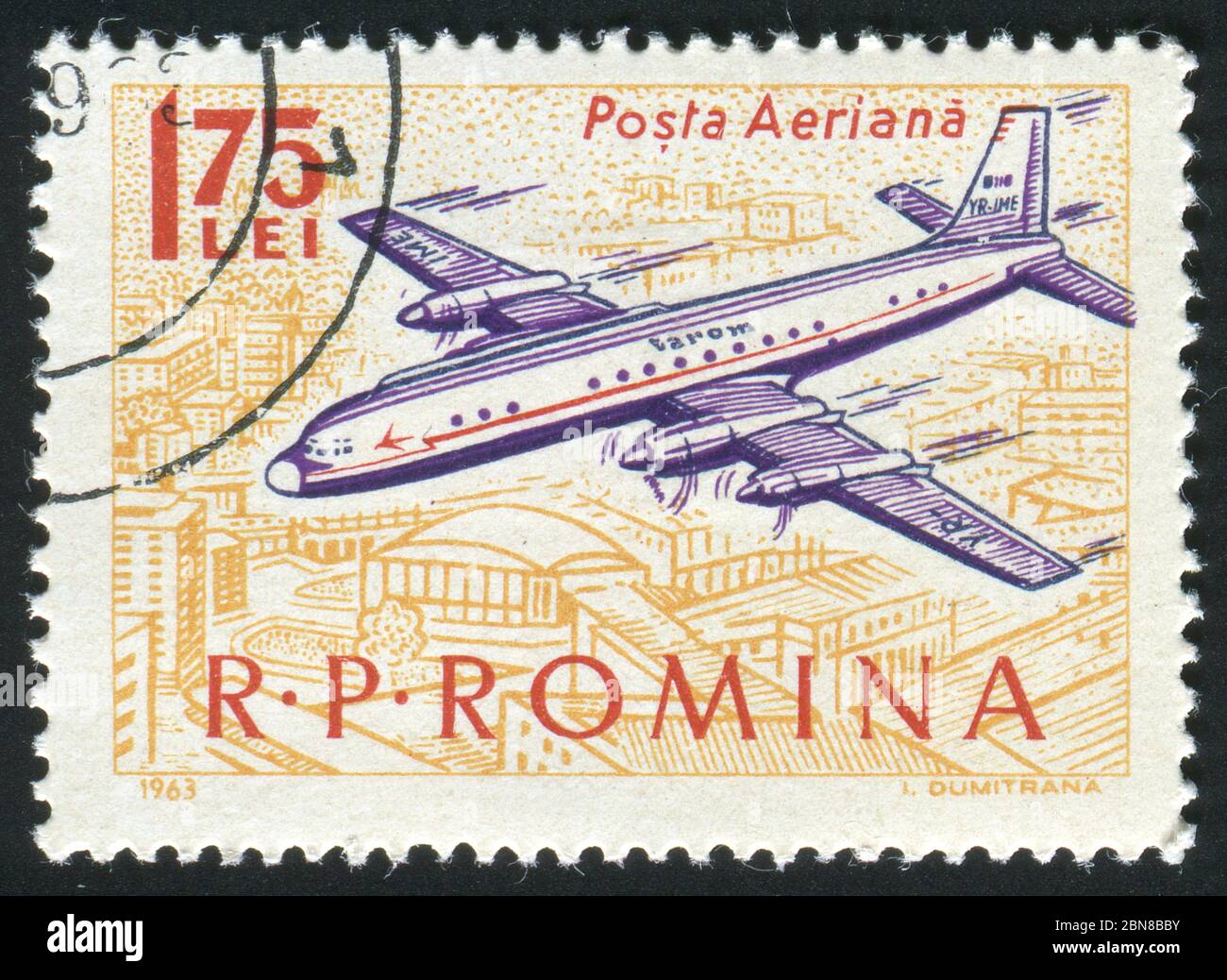 ROMANIA - CIRCA 1963: The plane flies over a city, circa 1963. Stock Photo