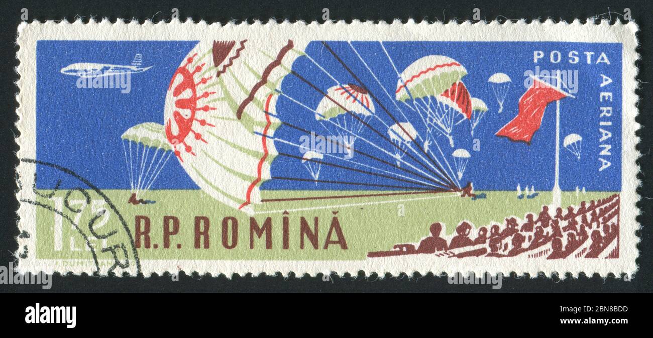 ROMANIA - CIRCA 1960: Parachutes at aviation sports meet, circa 1960. Stock Photo