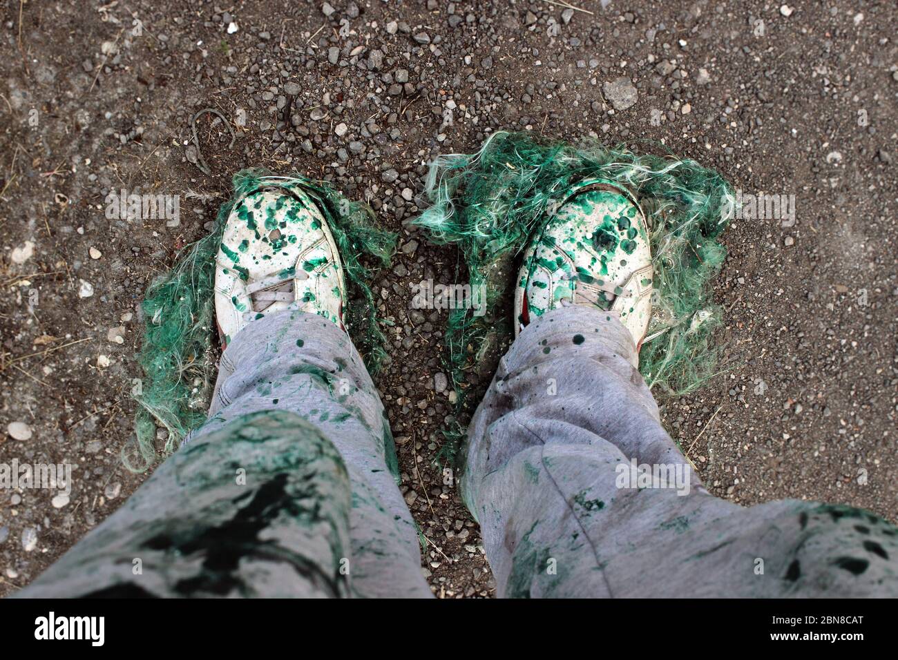 Dried polyester on used sneakers Stock Photo