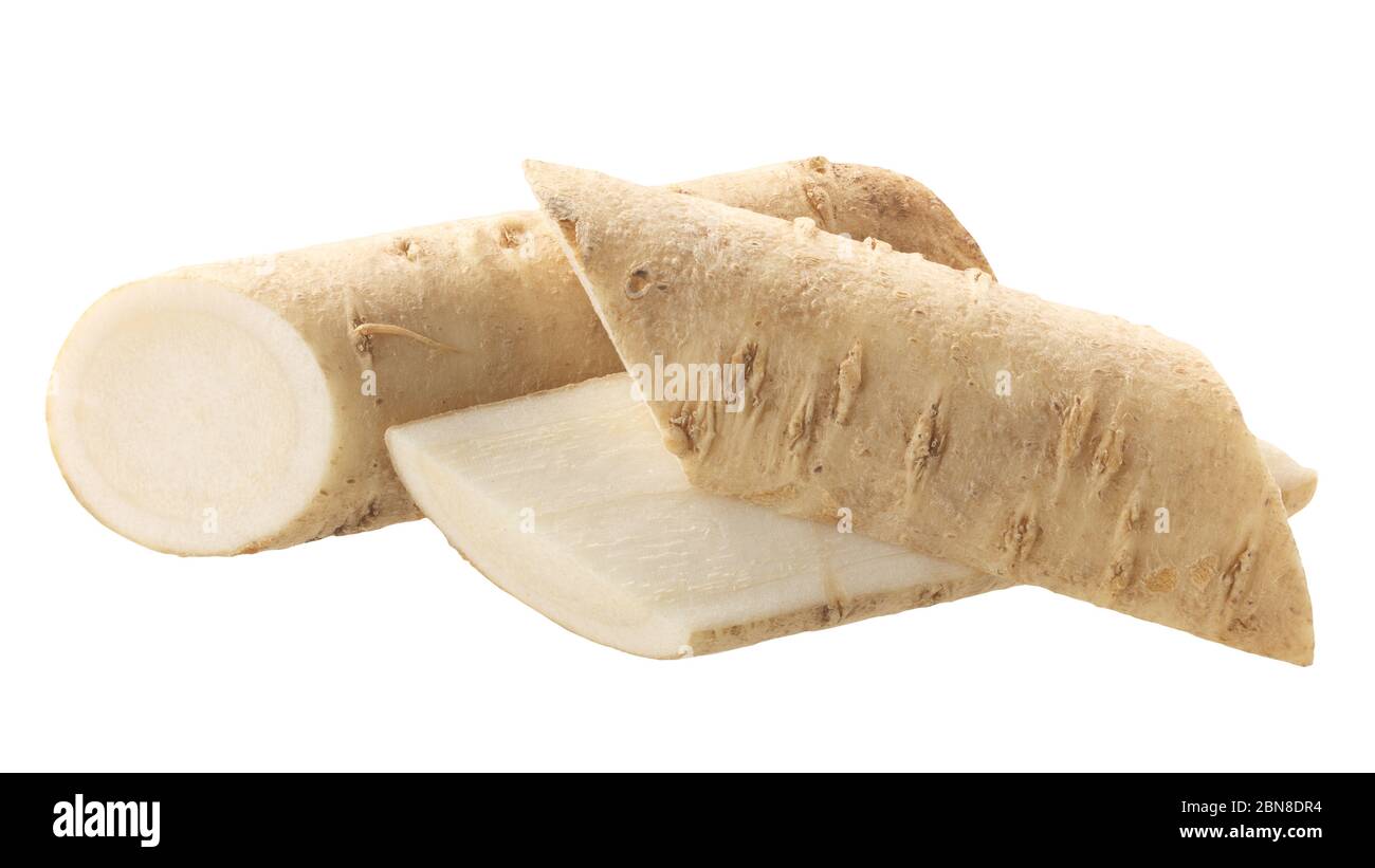 Cut Horseradish roots (Armoracia rusticana taproot), isolated Stock Photo