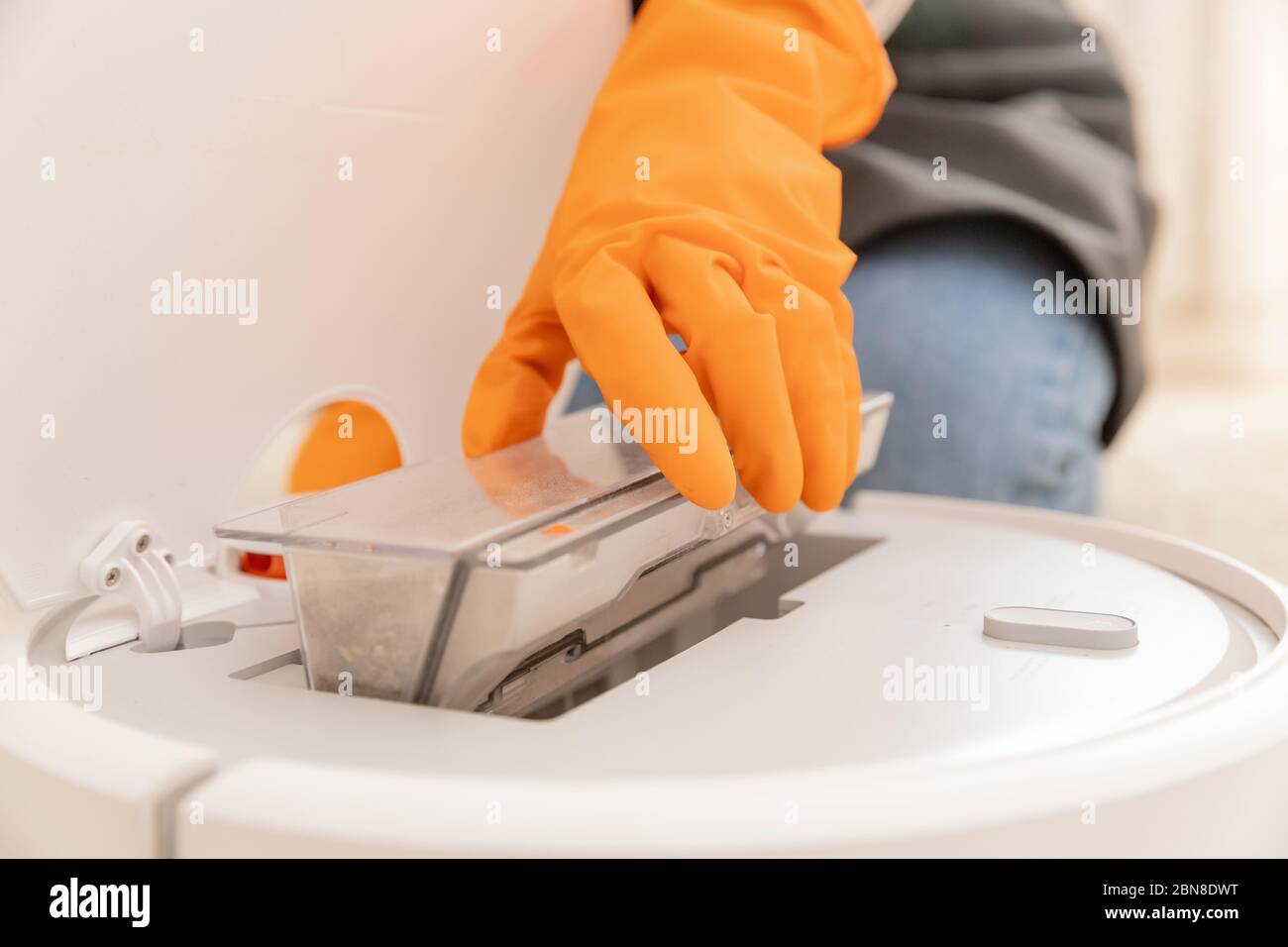 Woman cleans trash bin automatic robot vacuum cleaner Stock Photo Alamy