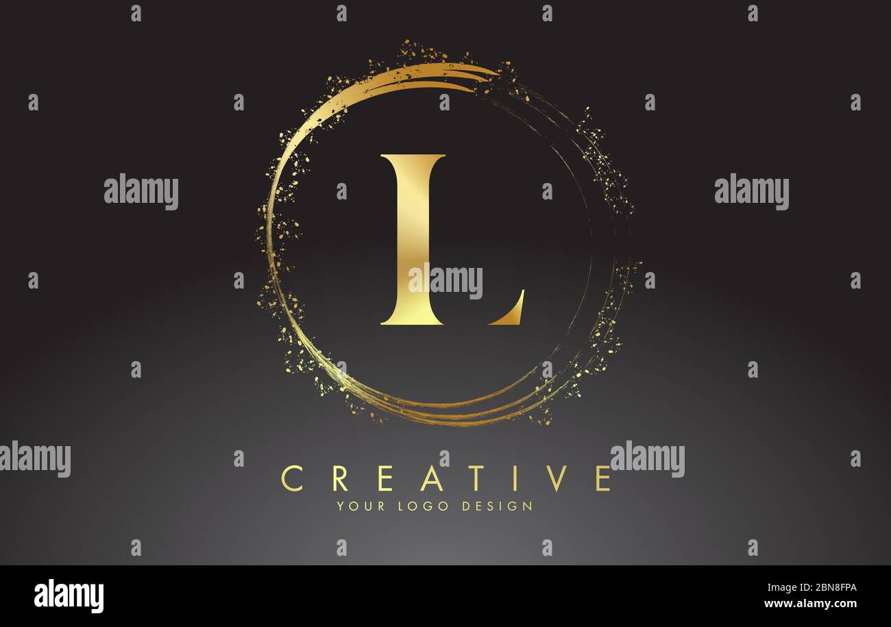 L golden letter logo with golden sparkling rings and dust glitter on a ...