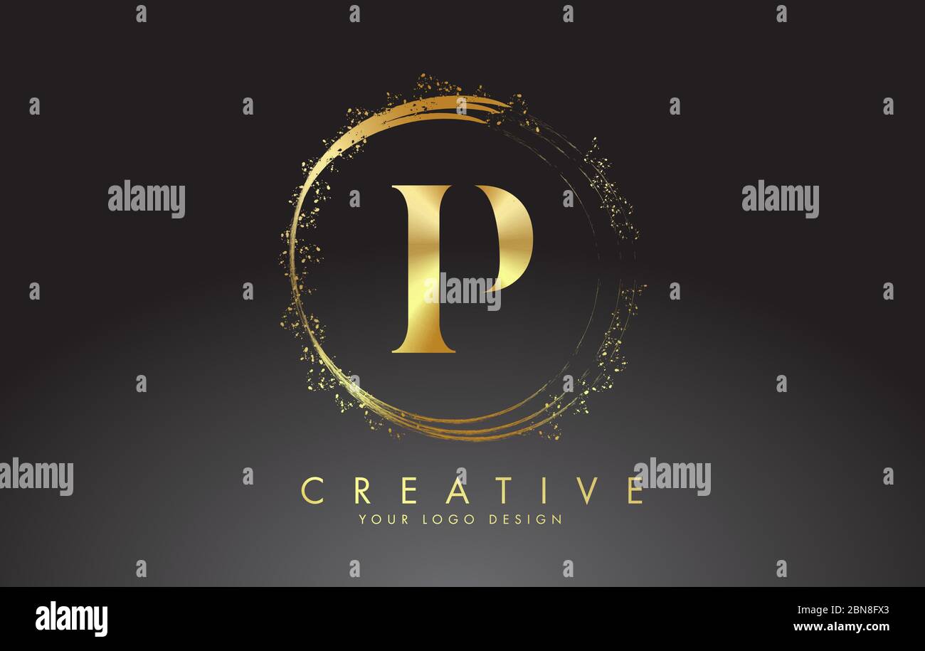 P golden letter logo with golden sparkling rings and dust glitter on a ...