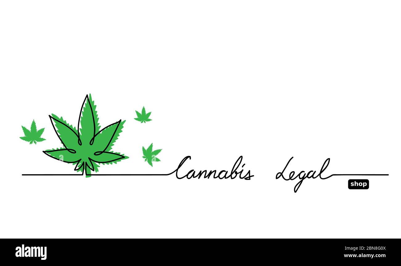 Hemp, cannabis, marijuana, weed legal shop banner. Simple one line drawing vector background with cannabis, marijuana, weed leaf Stock Vector