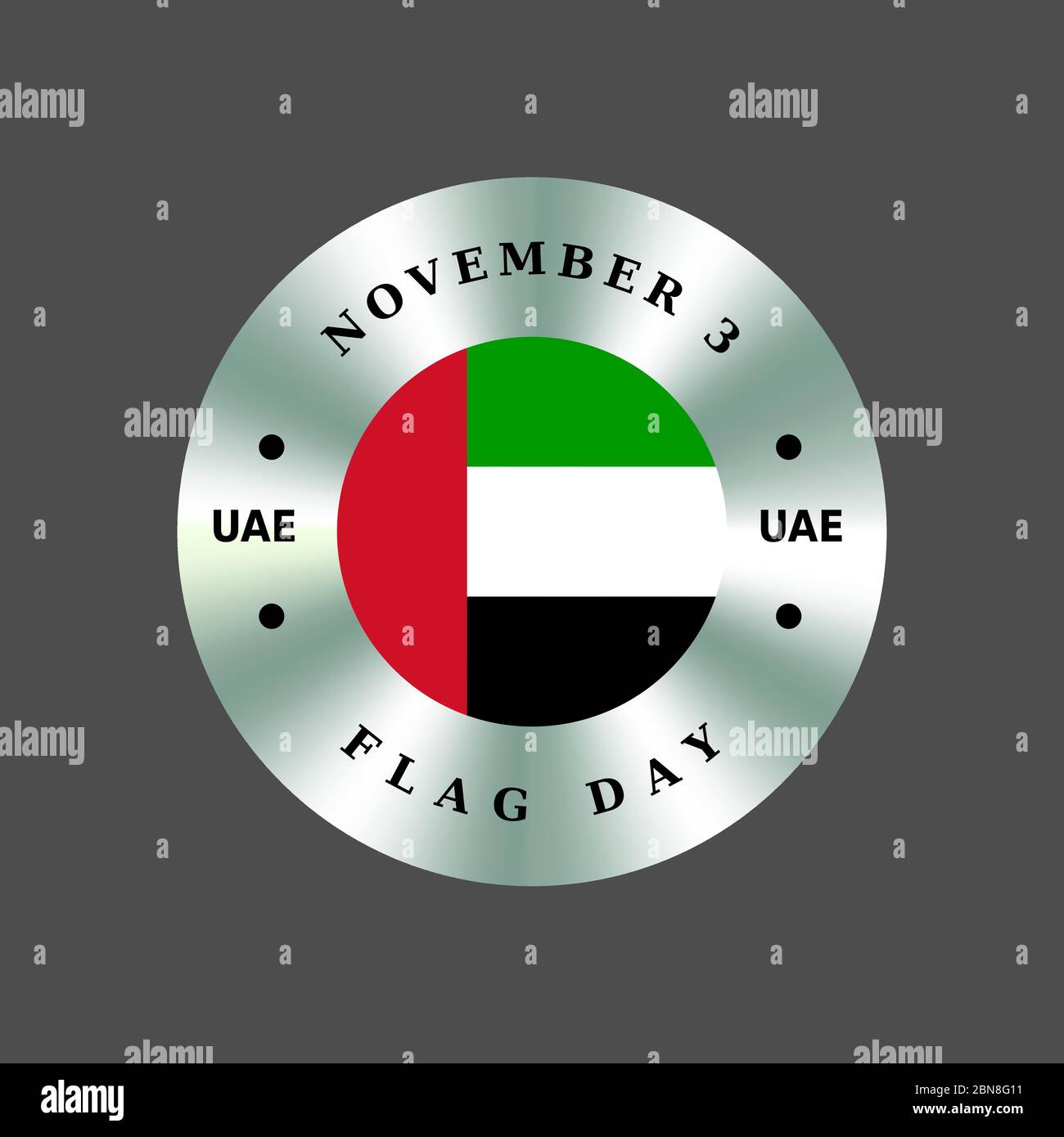 United Arab Emirates UAE Flag Day, November 3. Patriotic silver badge, sticker, coin. Circle, round hologram emblem, sign Stock Vector