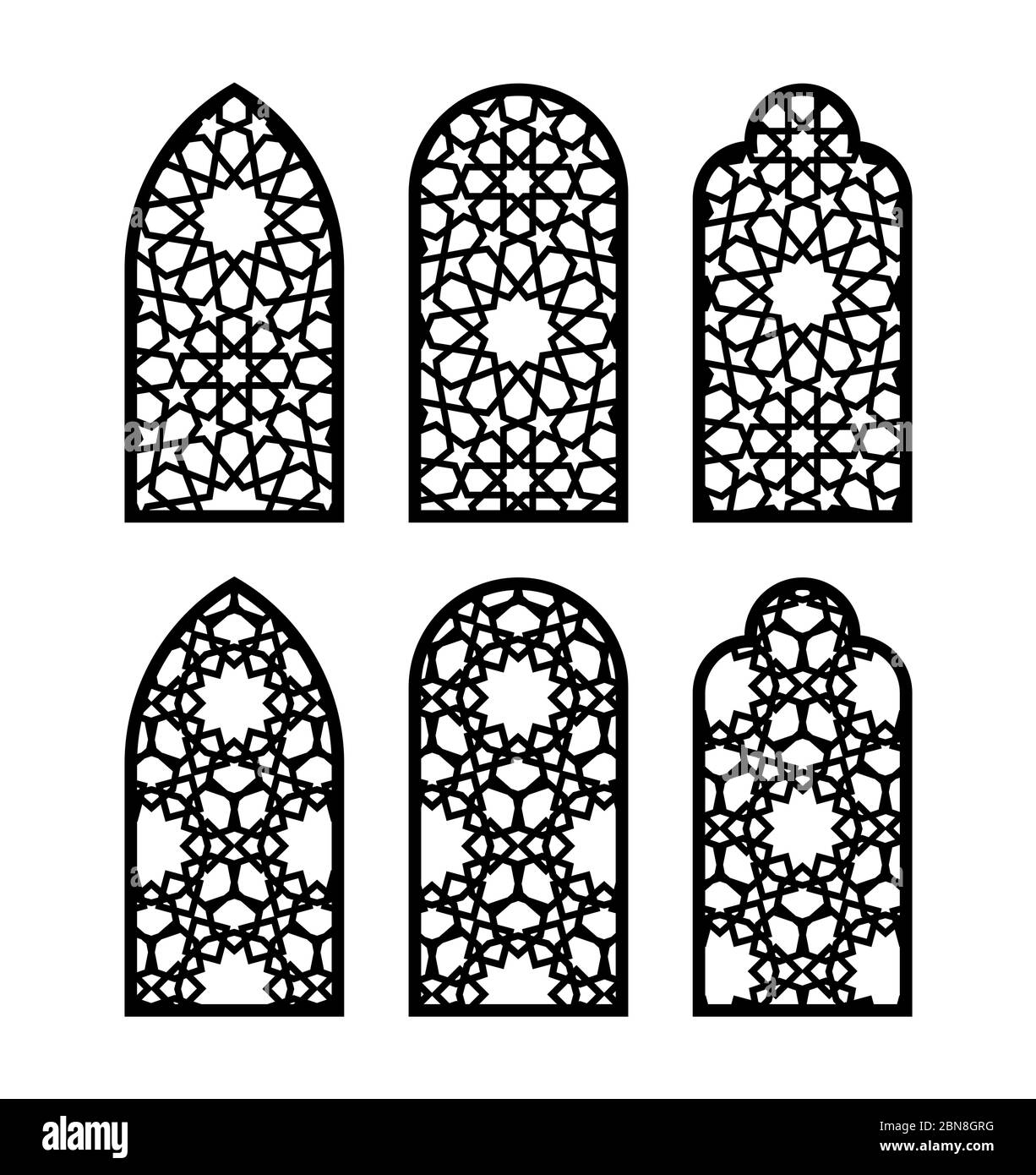 Arabic arch window or door set. Cnc pattern, laser cutting, vector template set for wall decor, hanging, stencil, engraving Stock Vector