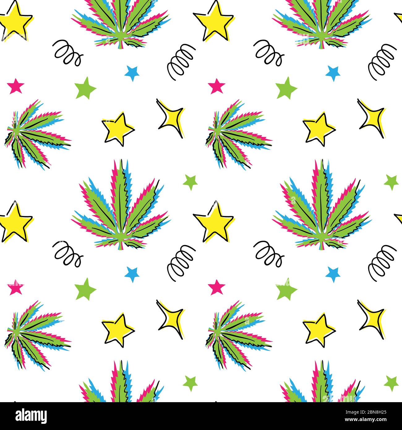Cannabis leaf vector pattern. Hand drawn, doodle, cartoon pattern with cannabis, marijuana, hemp, weed in memphis design Stock Vector