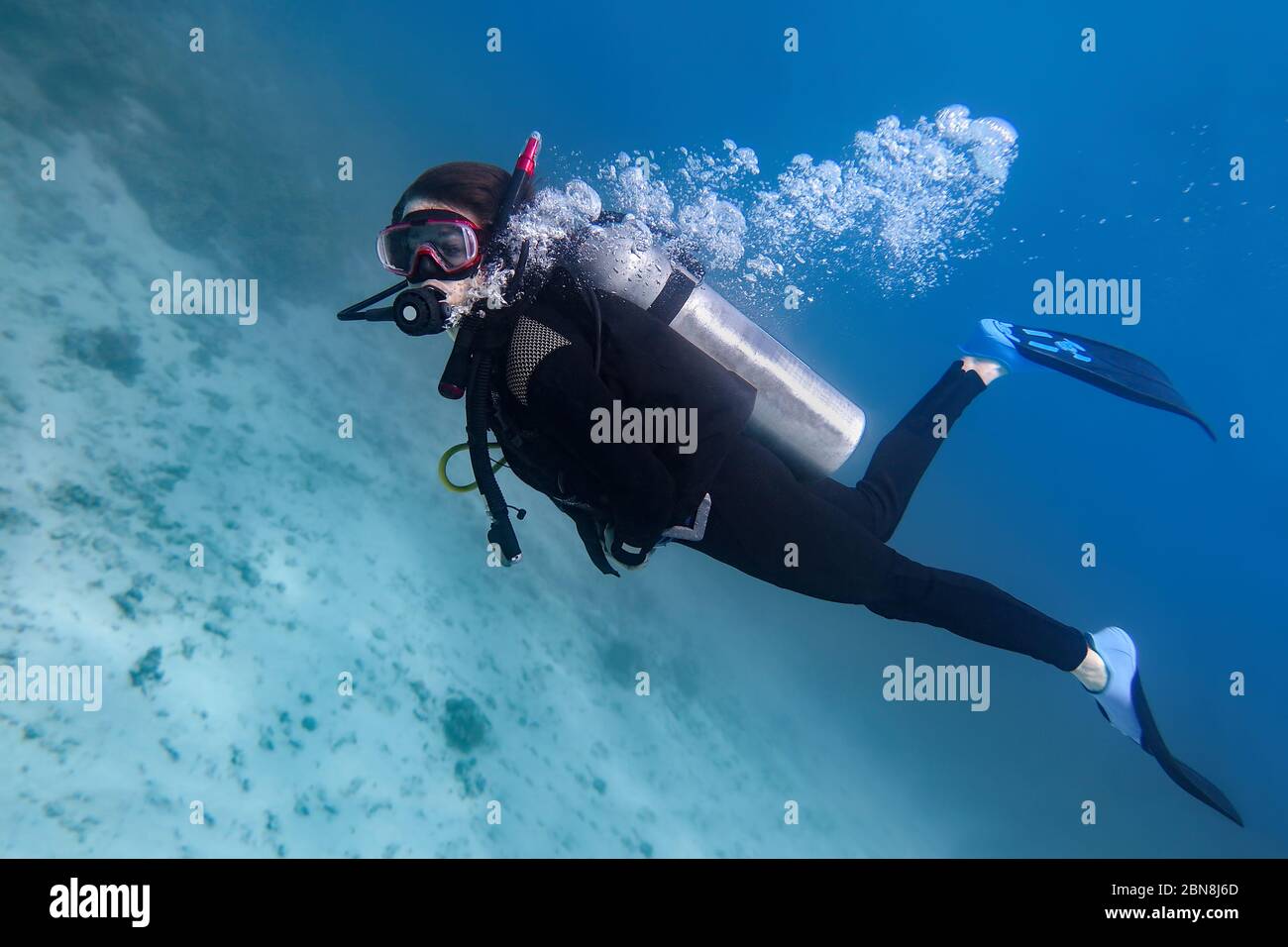 Young man diving diagonally underwater in blue sea Stock Photo