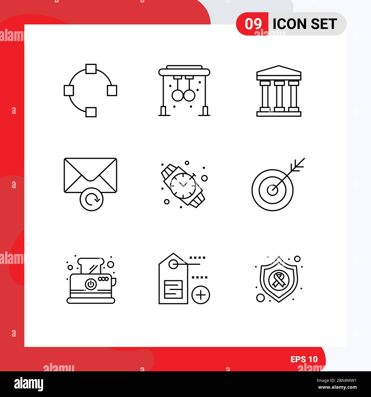 Group of 9 Modern Outlines Set for dart, jewelry, bank, watch, retry Editable Vector Design Elements Stock Vector