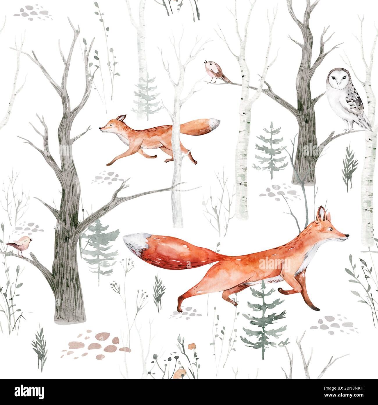 Woodland Creatures Pink White Wallpaper