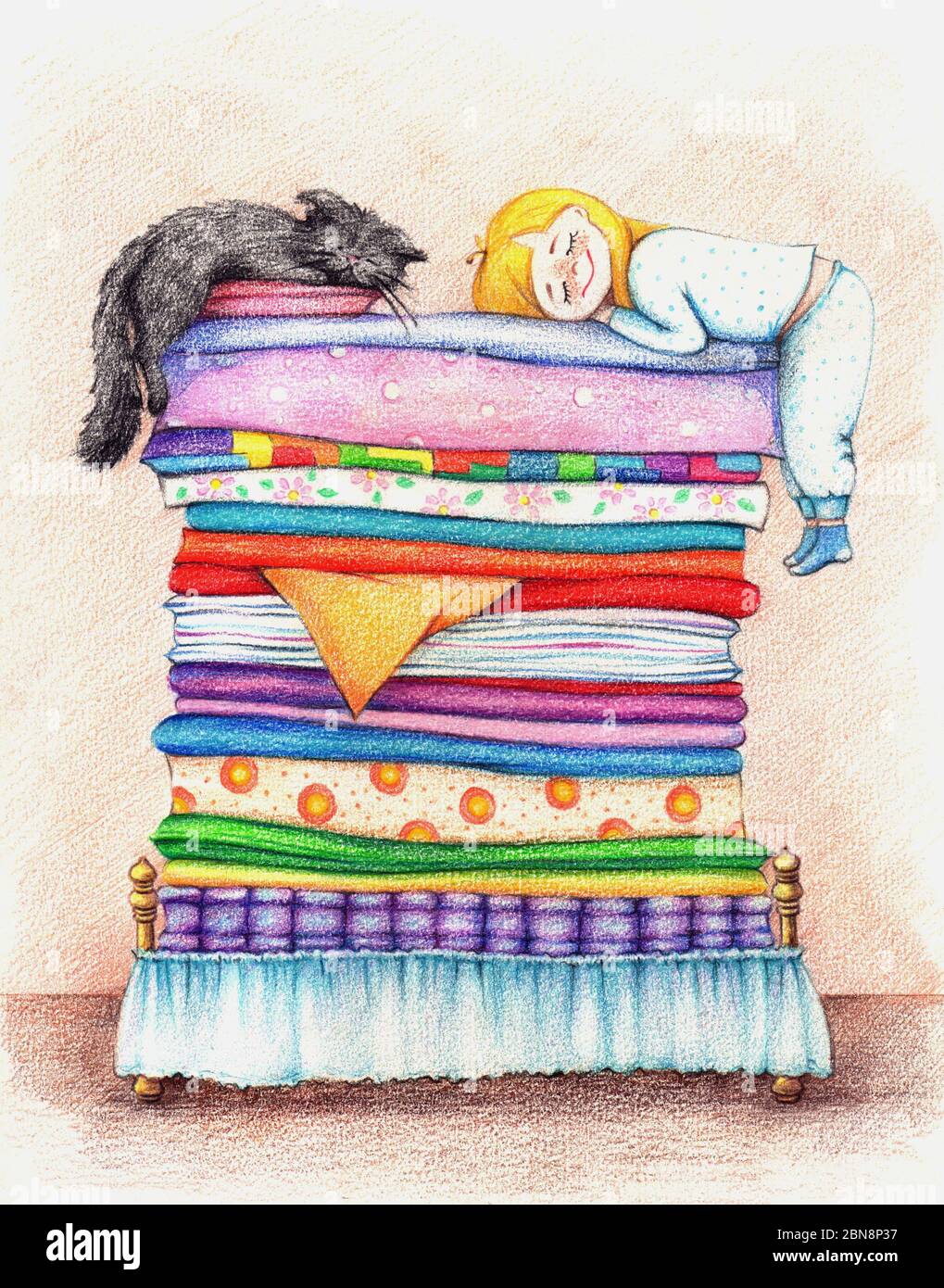 hand drawn illustration of girl and cat sleeping in bed Stock Photo