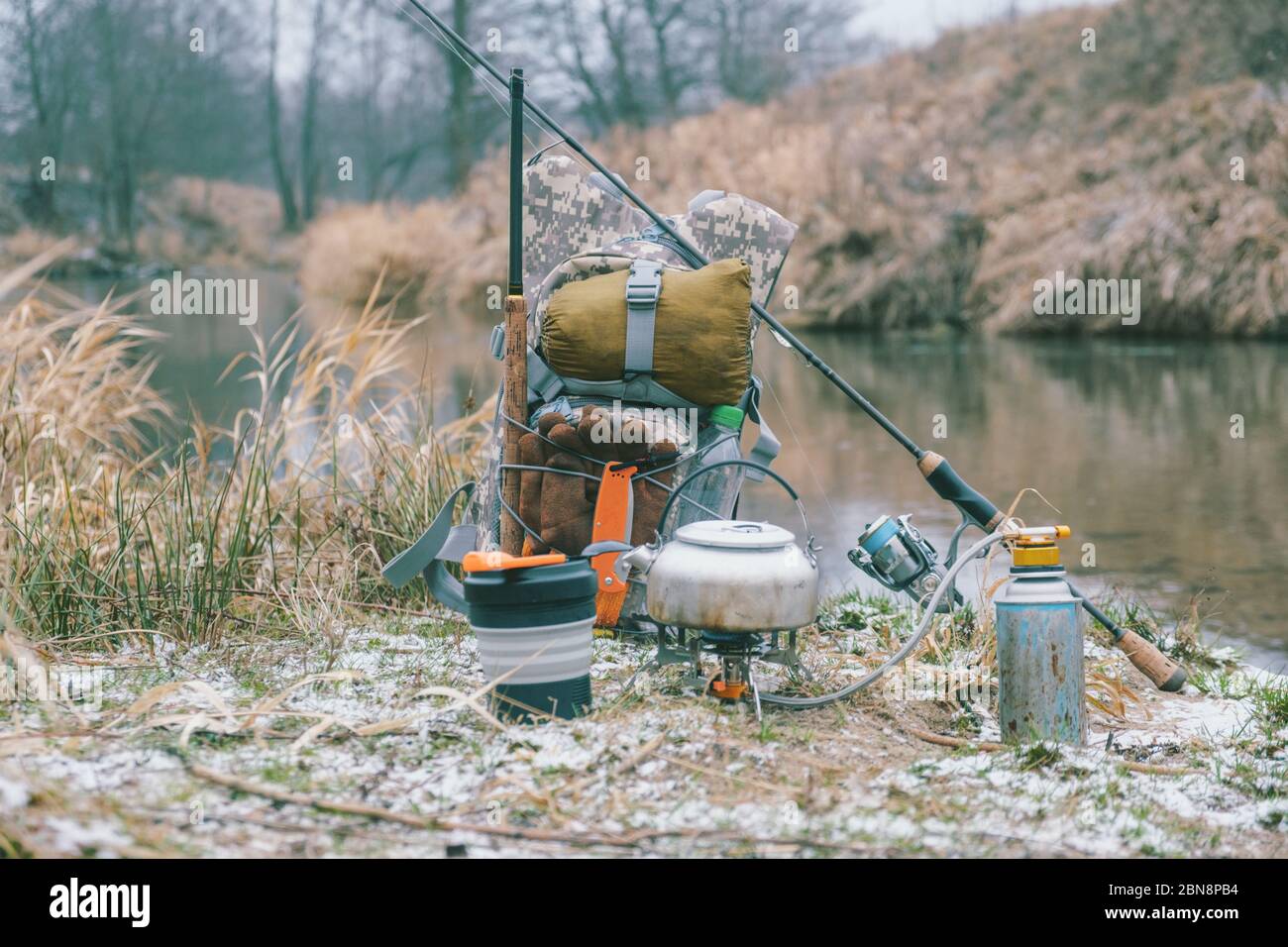Cooking while hiking with a backpack Stock Photo - Alamy