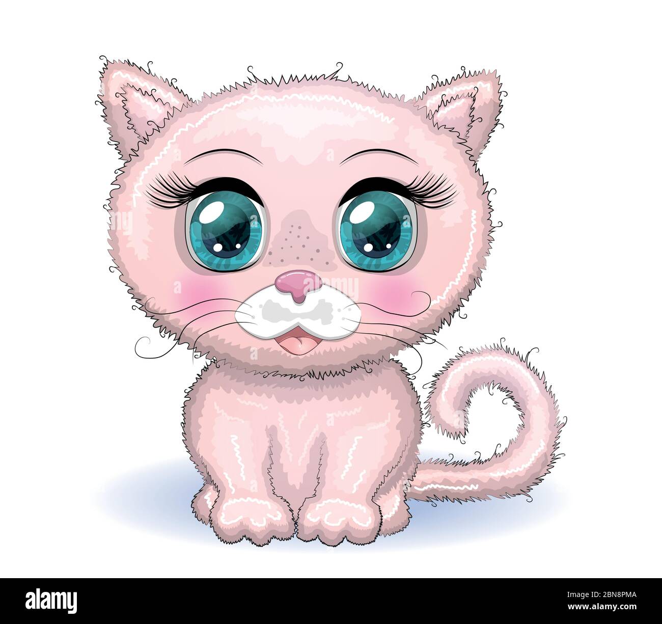 Cute Cartoon Pink Cat Kitten On A Background Of Flowers Among cute-cartoon-pink-cat-kitten-on-a-background-of-flowers-among