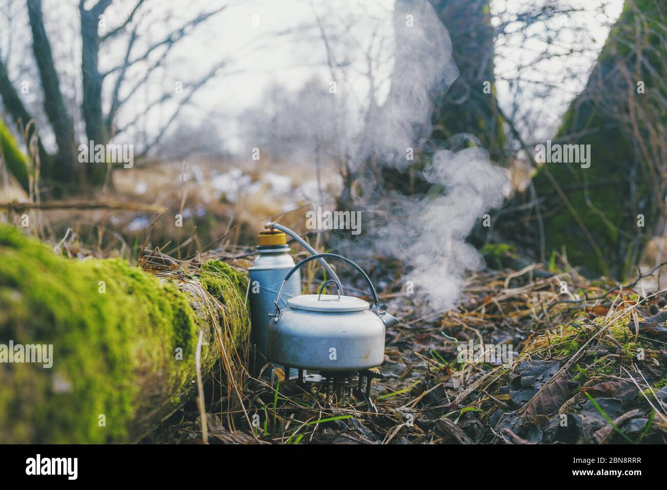 Cooking while hiking. Food at the tourist camp. Stock Photo
