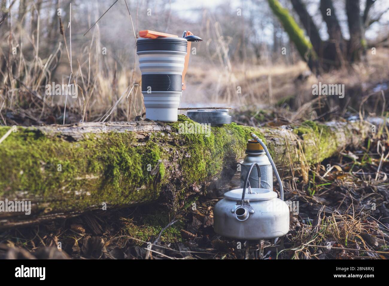 Cooking while hiking. Food at the tourist camp Stock Photo - Alamy
