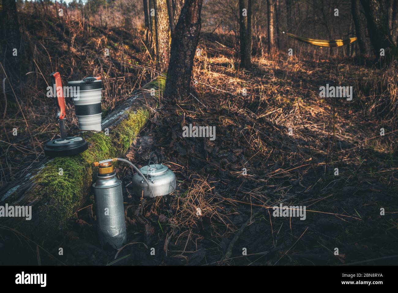 Cooking while hiking. Food at the tourist camp. Stock Photo