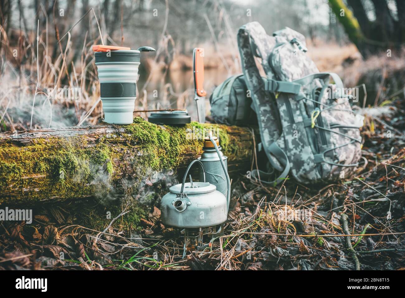 Cooking while hiking. Food at the tourist camp Stock Photo Alamy