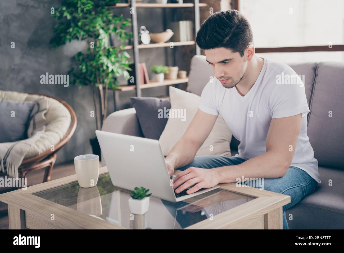 Portrait of his he nice attractive focused skilled experienced guy ...