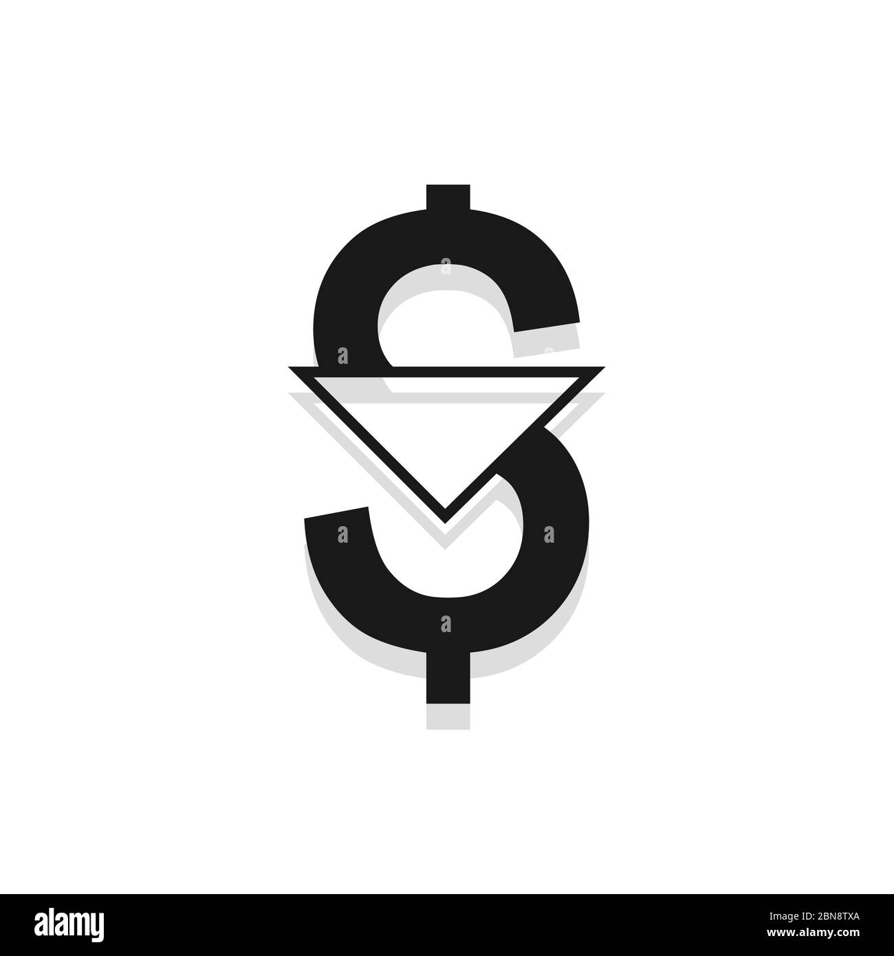 Dollar down icon. Cost reduction sign. Money symbol with arrow stretching rising drop fall down. Decrease dollar, fall, vector illustration. Stock Vector