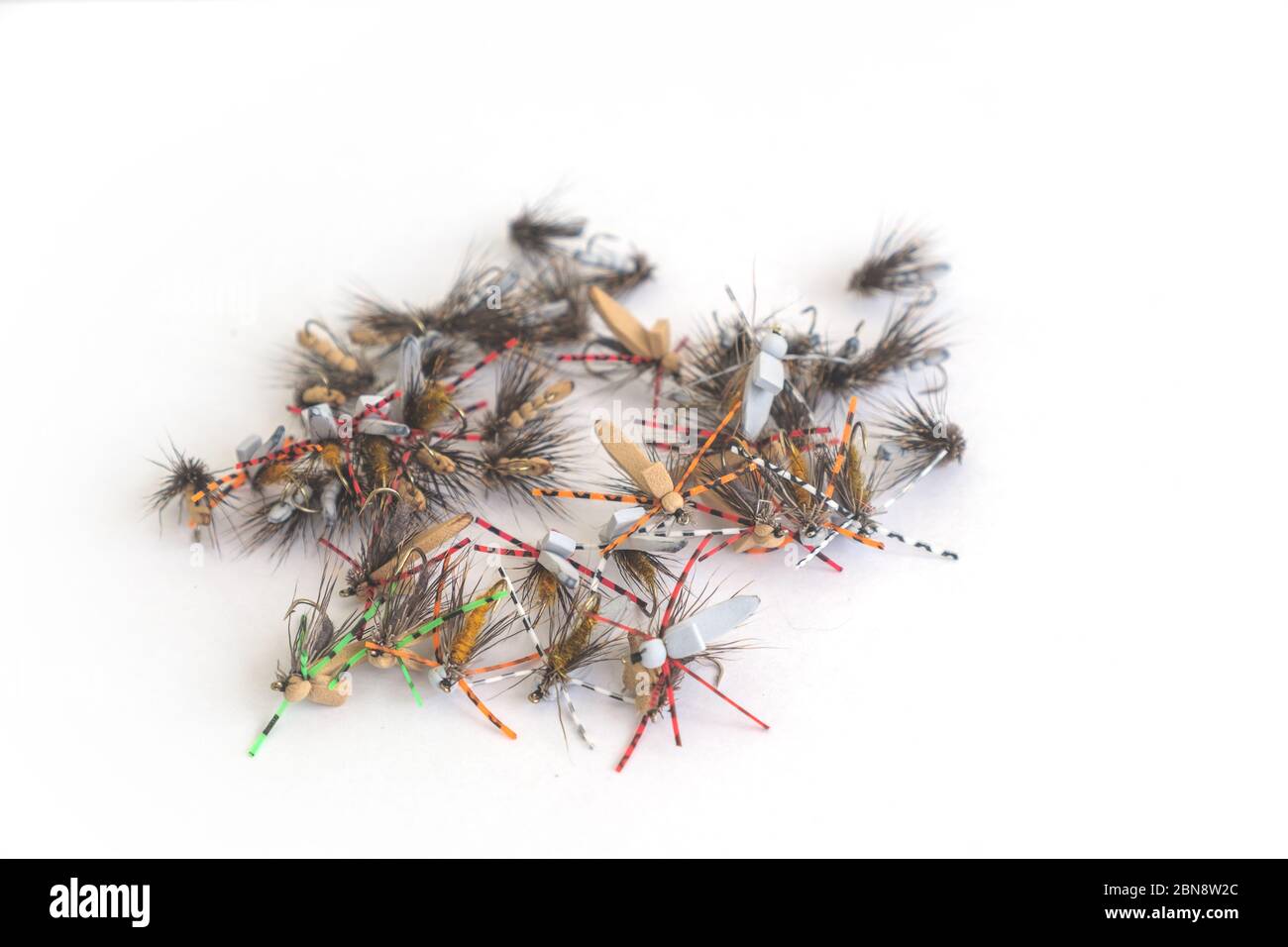 Dry flies for fishing on a white background Stock Photo Alamy