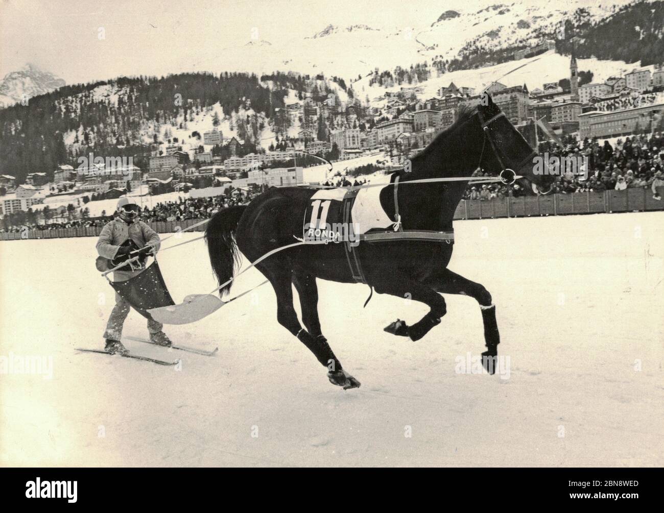 Skijoring, St Moritz, Switzerland circa 1975 Stock Photo
