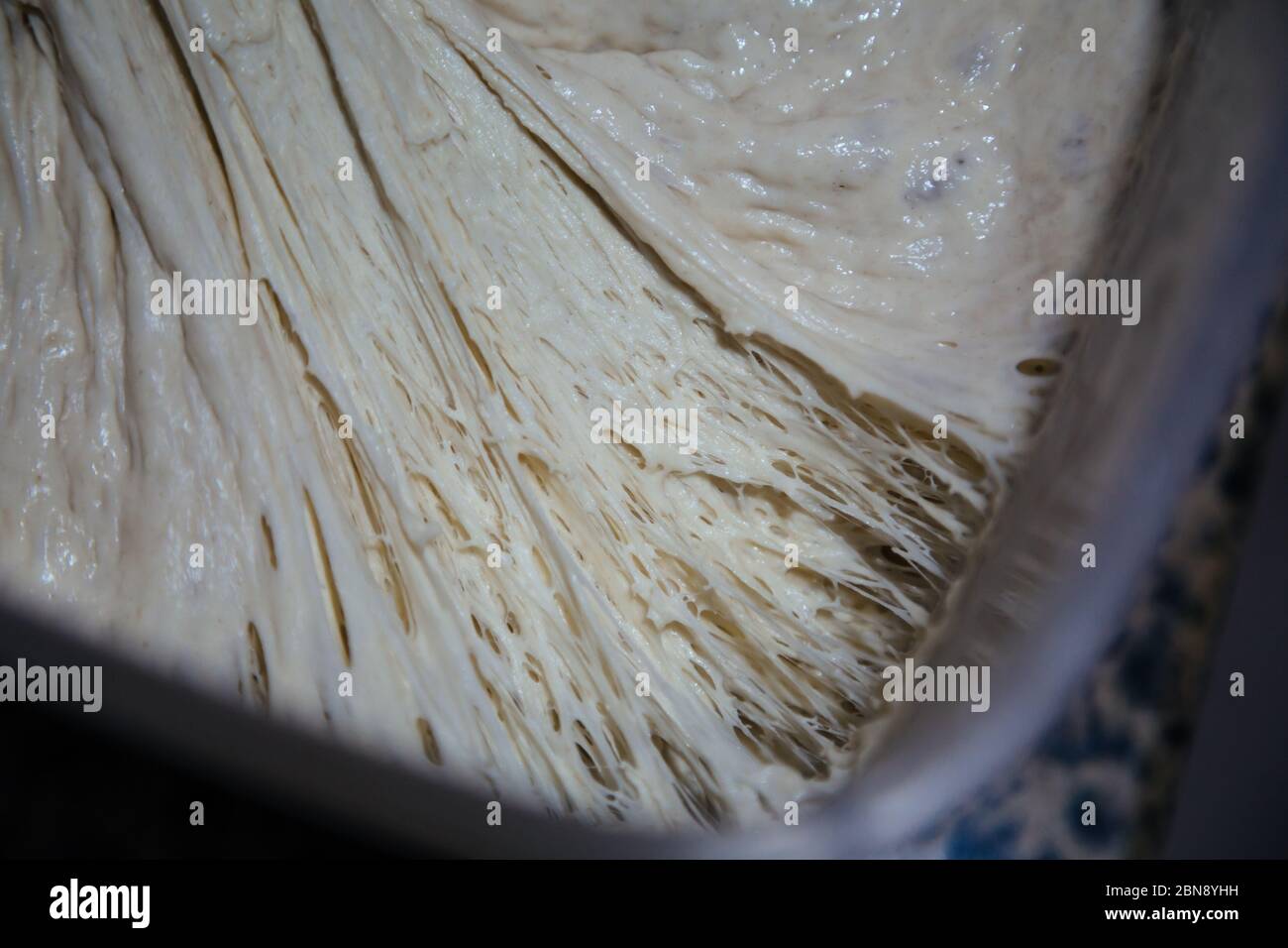Overview closeup view of bubbly active sourdough starter, ready to use