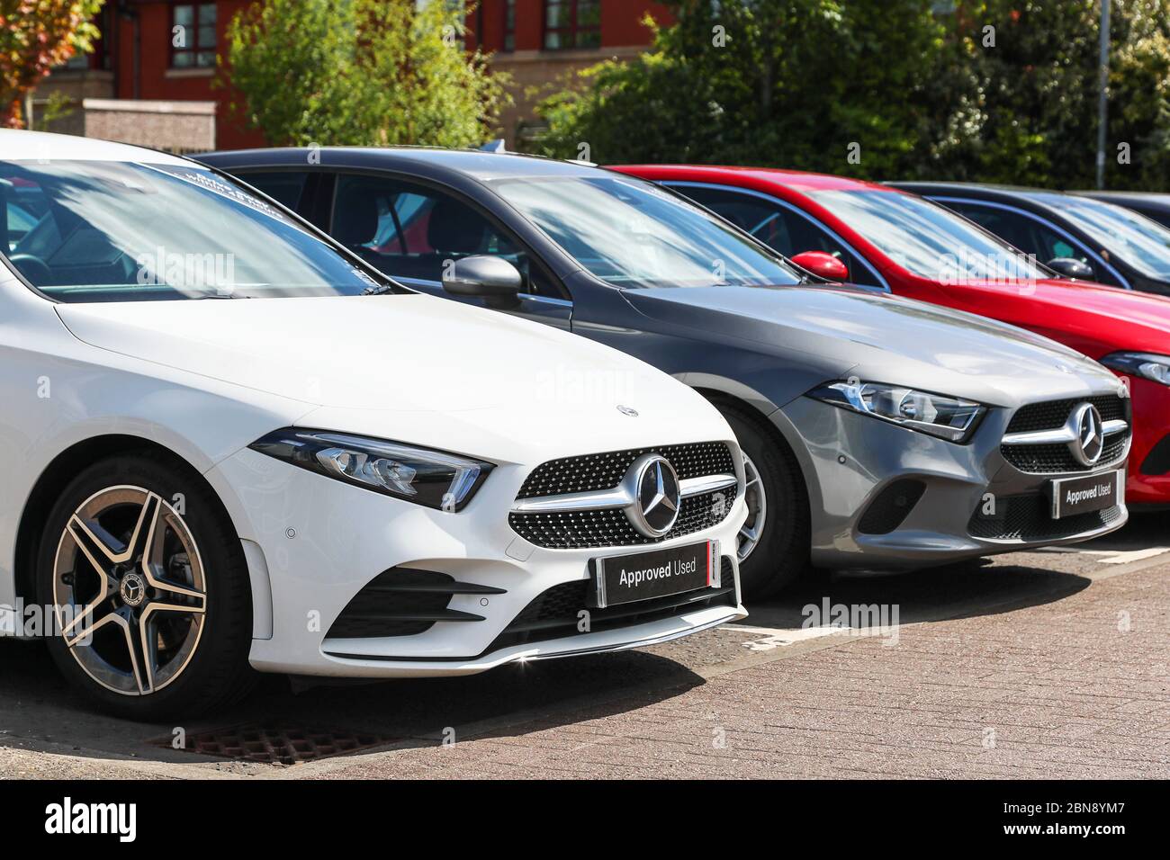 Secondhand used Mercedes motor cars for sale on a garage forecourt, Ayr