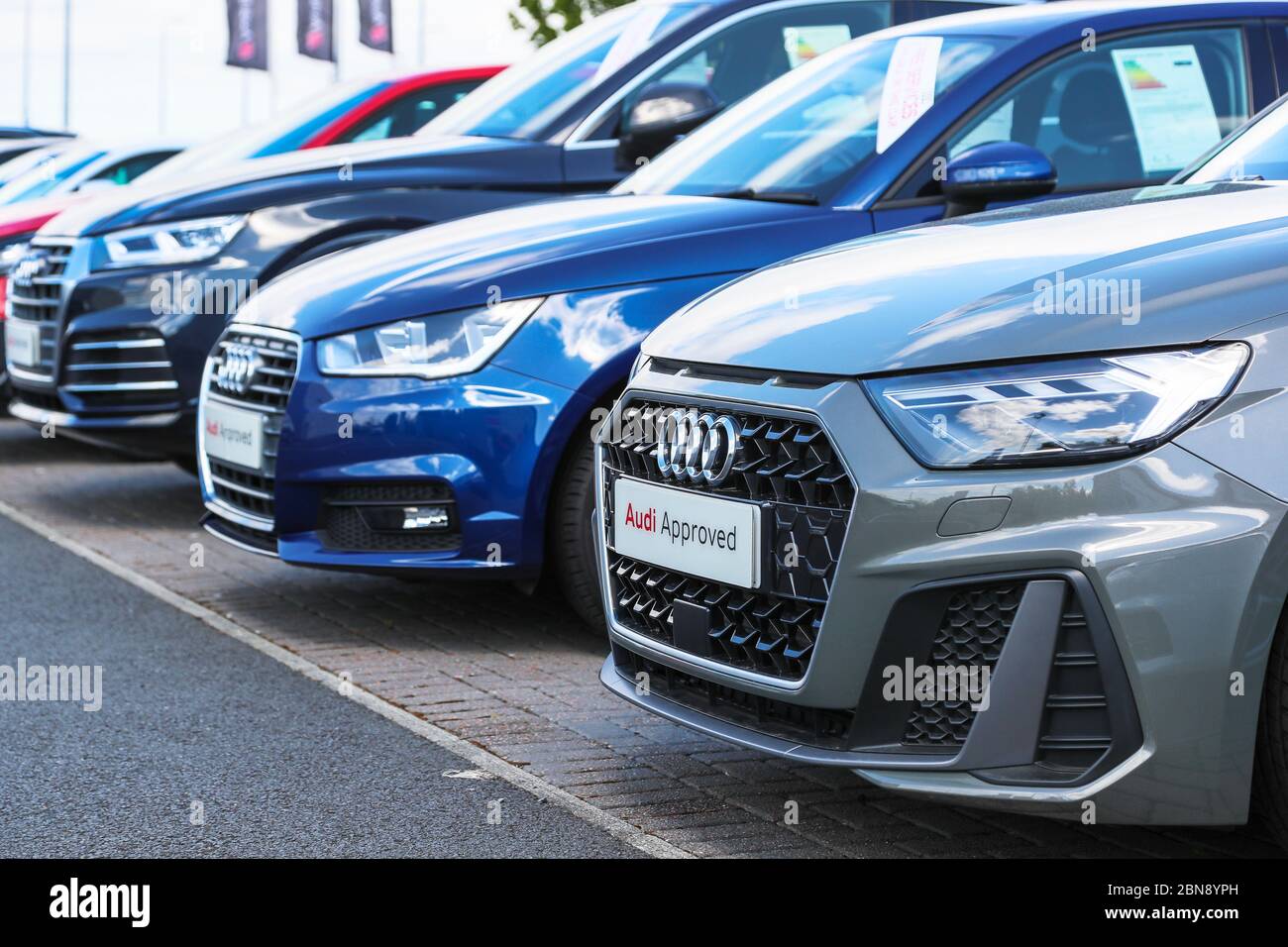 Secondhand used Audi motor cars for sale on a garage forecourt, Ayr, UK