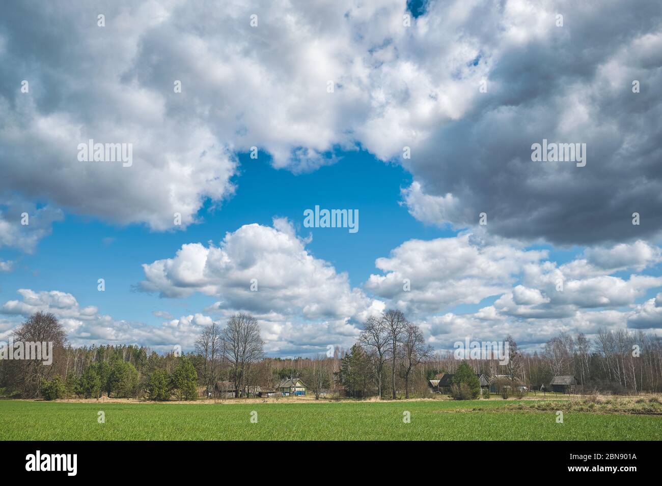 The outskirts of the village in spring. Belarus. Stock Photo