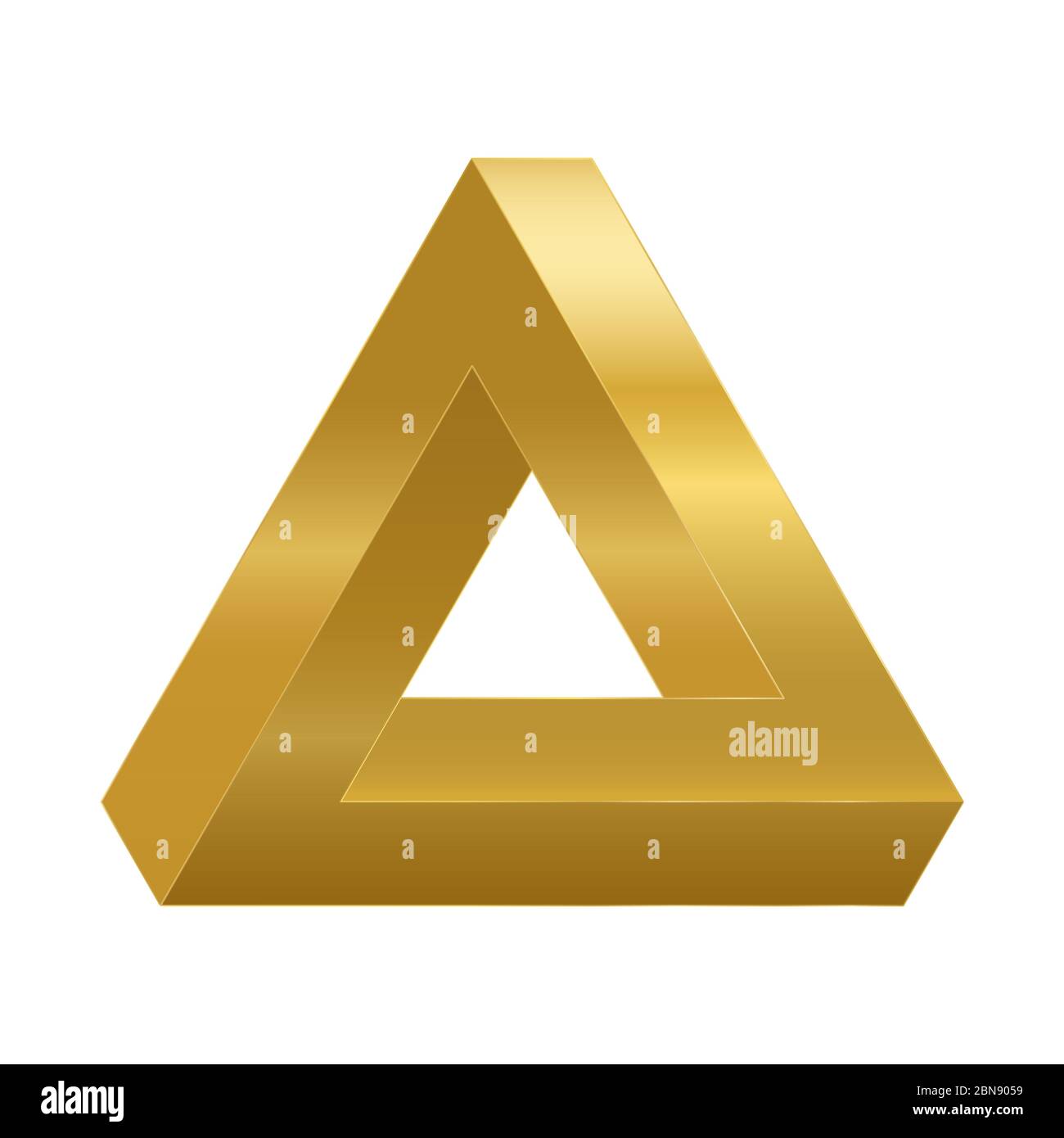 Penrose triangle, optical illusion, golden impossible object. Penrose tribar appears to be a solid object, made of three straight bars. Stock Photo