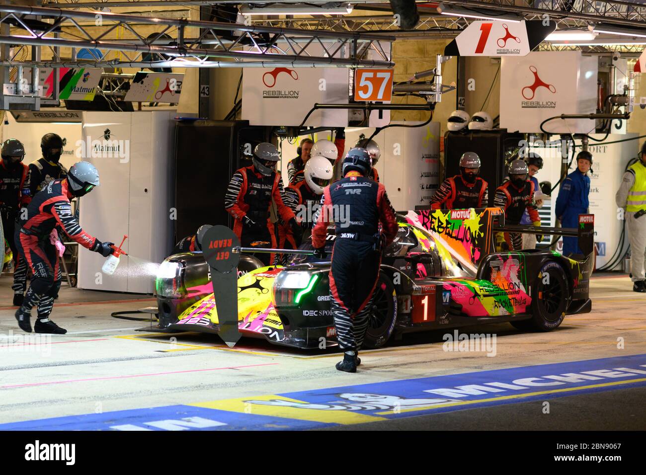 Le Mans / France - June 15-16 2019: 24 hours of Le Mans, Rebellion Racing Team , Rebellion R13 LMP1 In the stands for maintenance operations, Race of Stock Photo