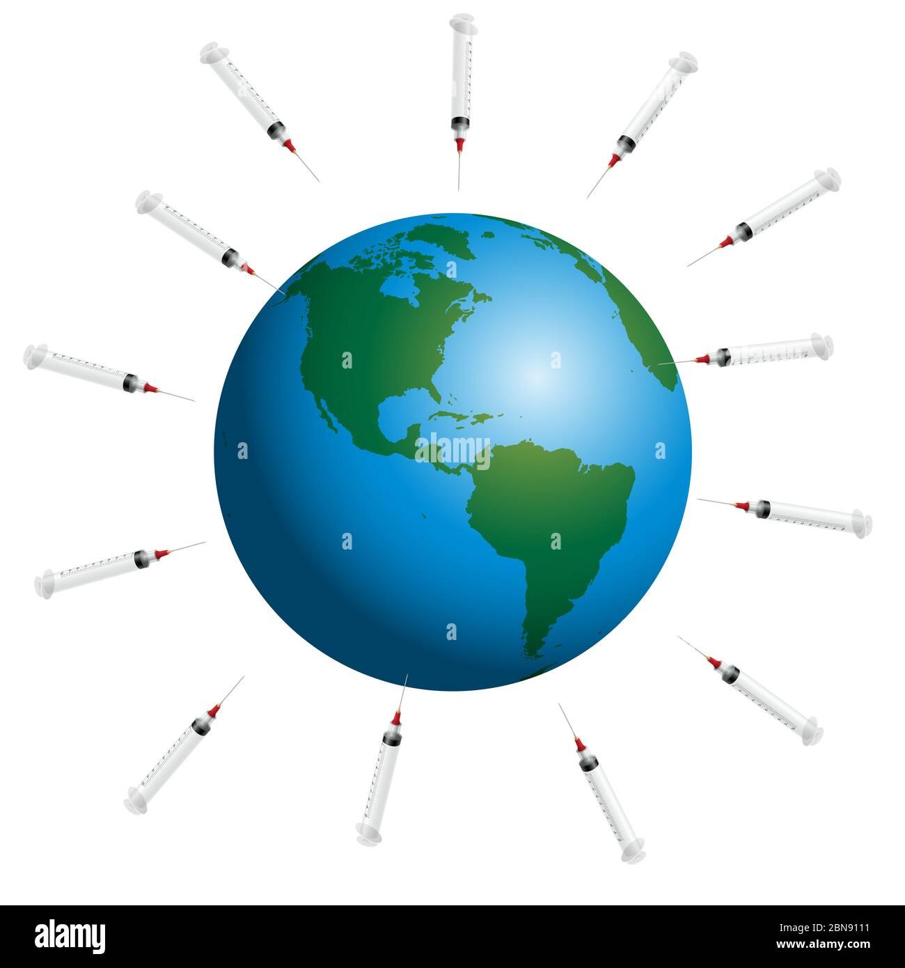 Syringes around planet earth. Symbol for mass vaccination and global immunization campaign of big pharma. Stock Photo