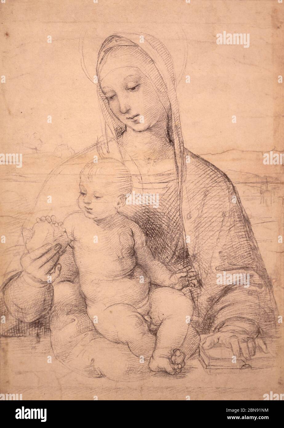 Madonna of the Pomegranate (c. 1504). Raphael (also Raffaello Santi, Raffaello Sanzio da Urbino) (1483-1520). Black chalk. Facsimile. Stock Photo