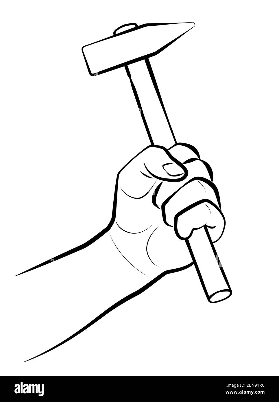 Male hand holding a hammer - comic outline illustration on white background. Stock Photo