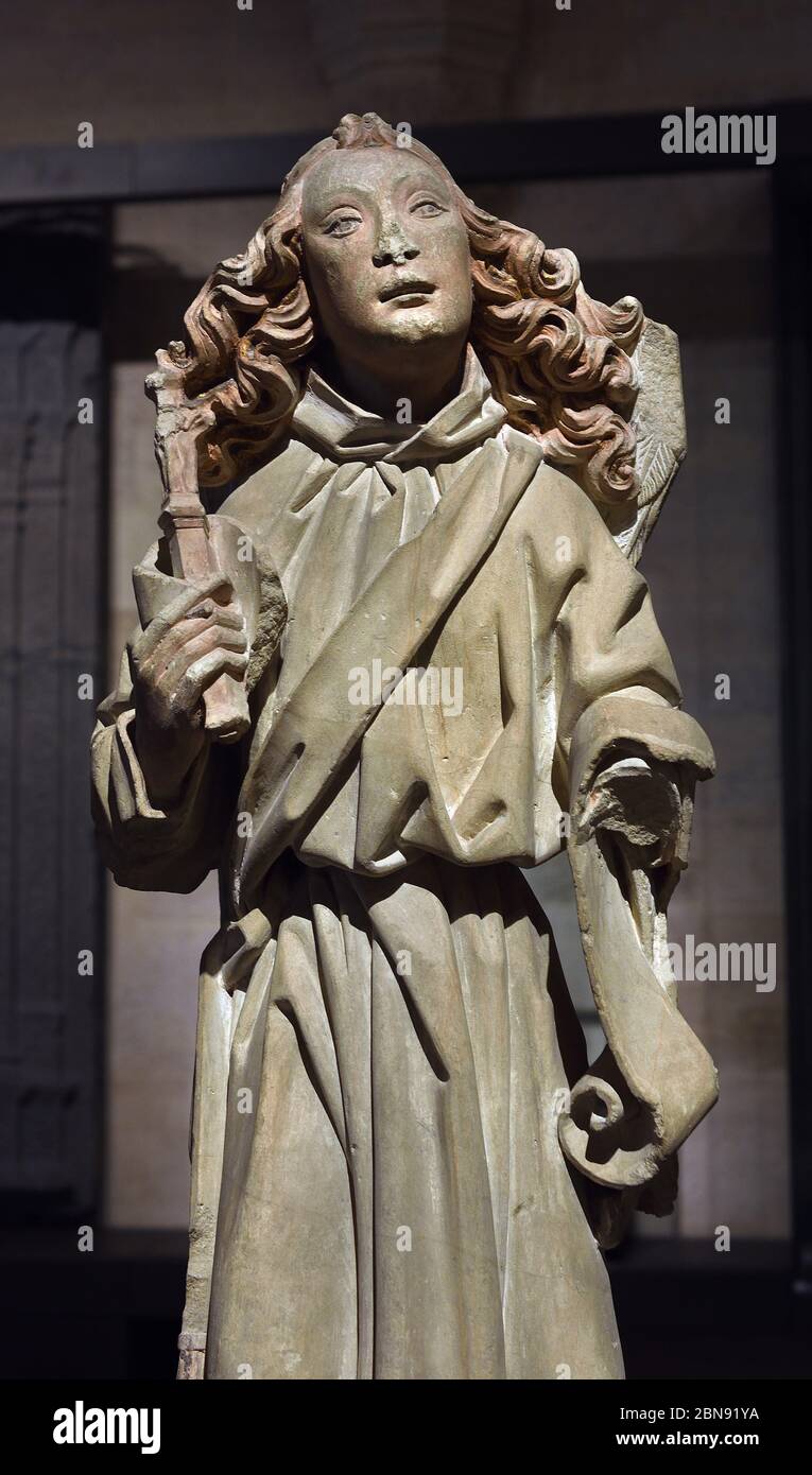 Annunciation Angel 15th Century, Brabant, Belgian, Belgium, Flemish, The Netherlands, Dutch. Annunciation, blessed, Virgin Mary, the announcement by the ,angel Gabriel, Mary that she would conceive, bear a son through a, virgin birth, become the, mother of Jesus Christ, Christian Messiah and Son of God, Incarnation, Stock Photo