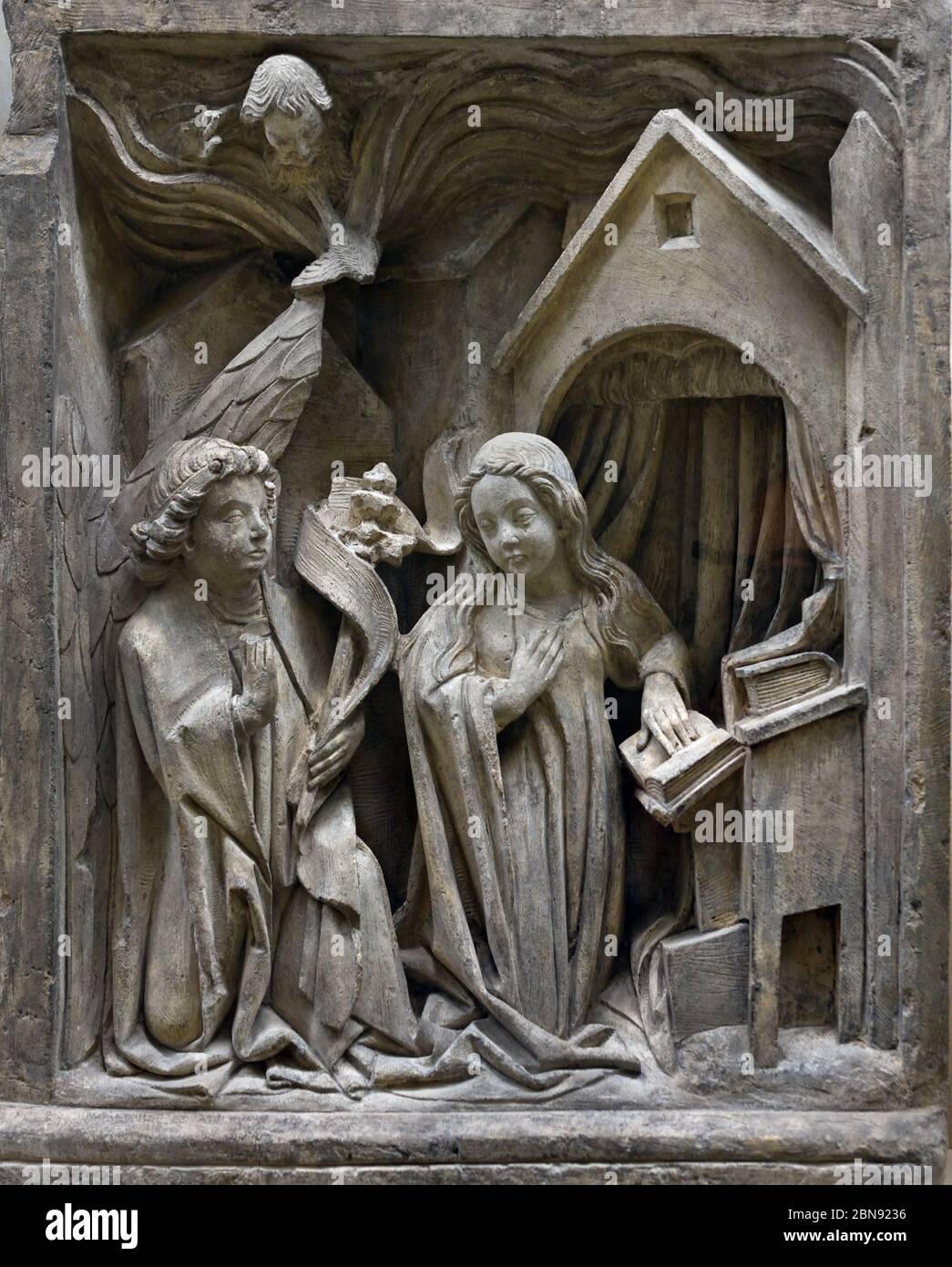 The Annunciation 15th Century The Netherlands, Dutch, Annunciation, blessed, Virgin Mary, the announcement by the ,angel Gabriel, Mary that she would conceive, bear a son through a, virgin birth, become the, mother of Jesus Christ, Christian Messiah and Son of God, Incarnation, Stock Photo