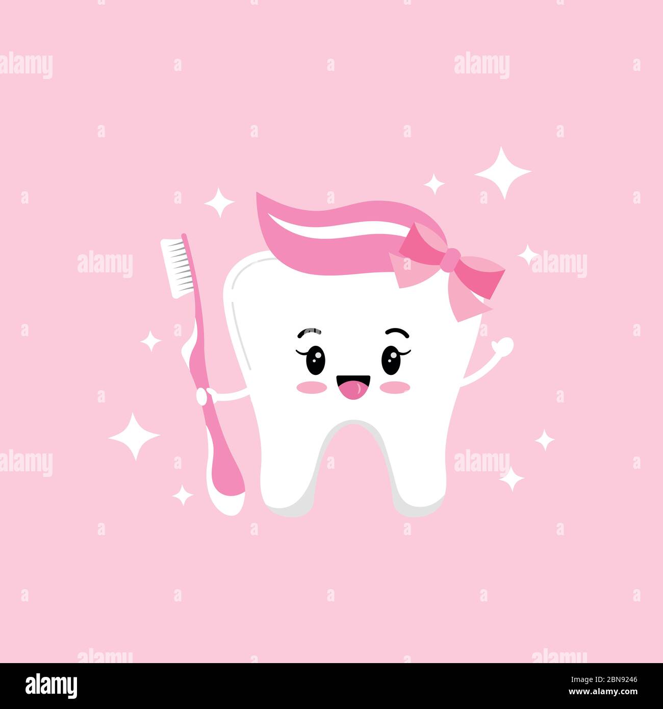 Cute tooth emoji girl with pink toothbrush paste and bow on head and