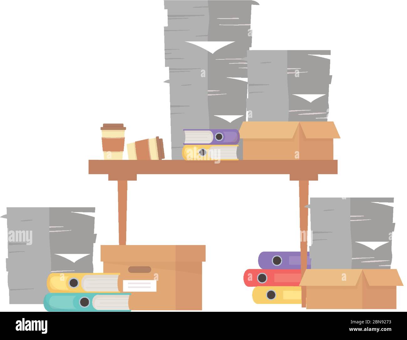 stress at work, desk coffee cups pile of papers and many binders and