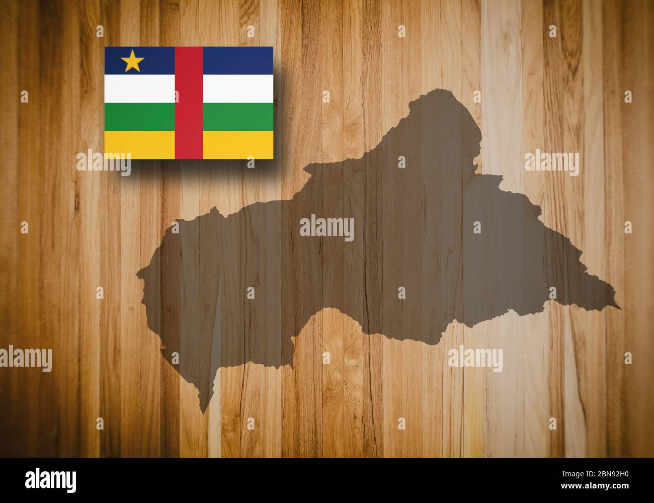 Map and flag of the Central African Republic on a wooden background. Stock Photo