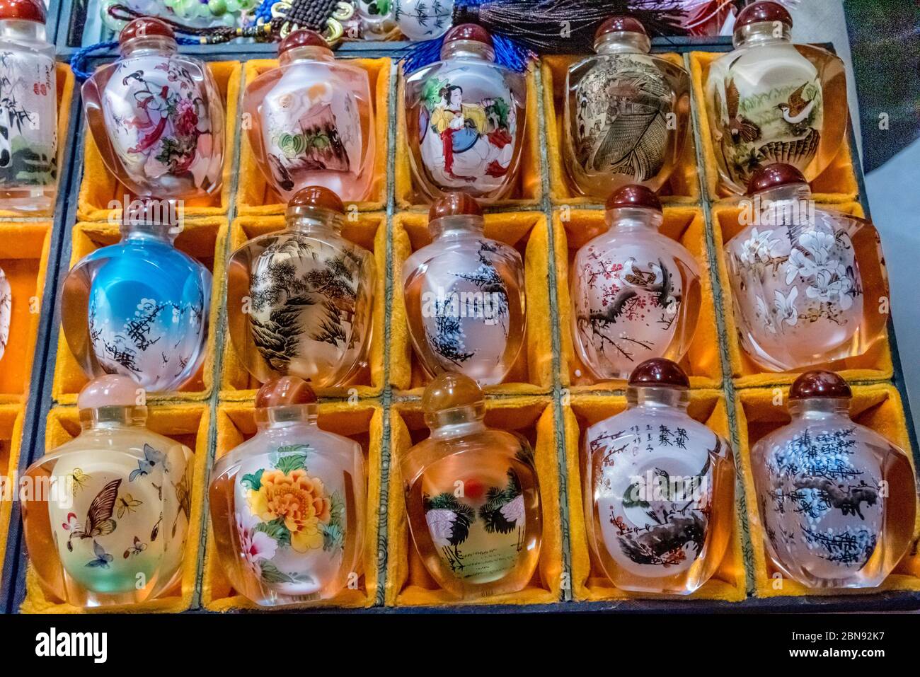 Traditional 'inside painted' Snuff Bottles for sale, Hutongs area, Beijing Stock Photo