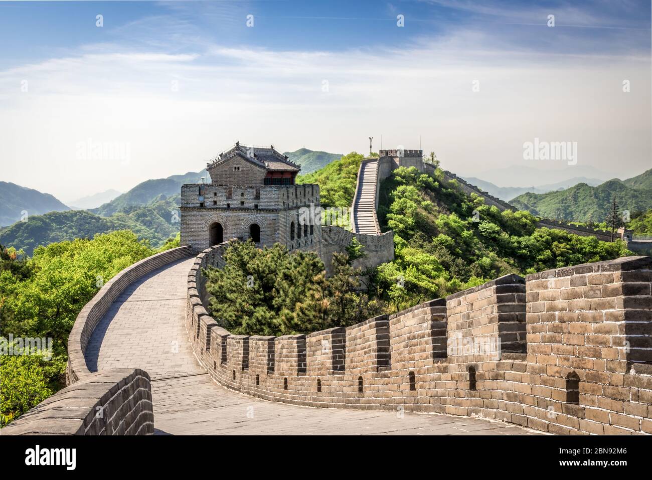 The Great Wall, Badaling with bright spring foliage Stock Photo
