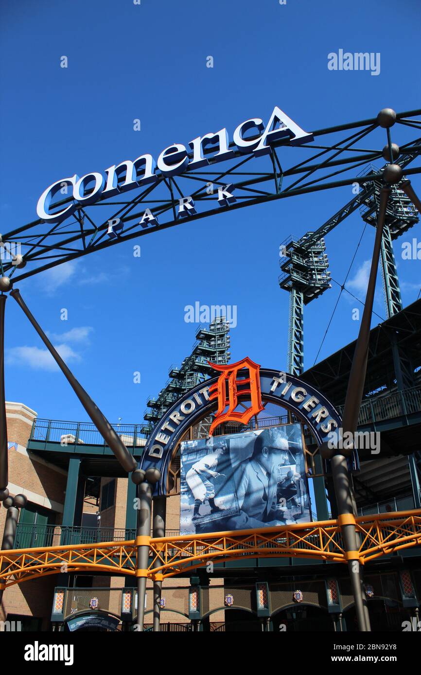 Upward view of Comerica Park on a sunny day Stock Photo