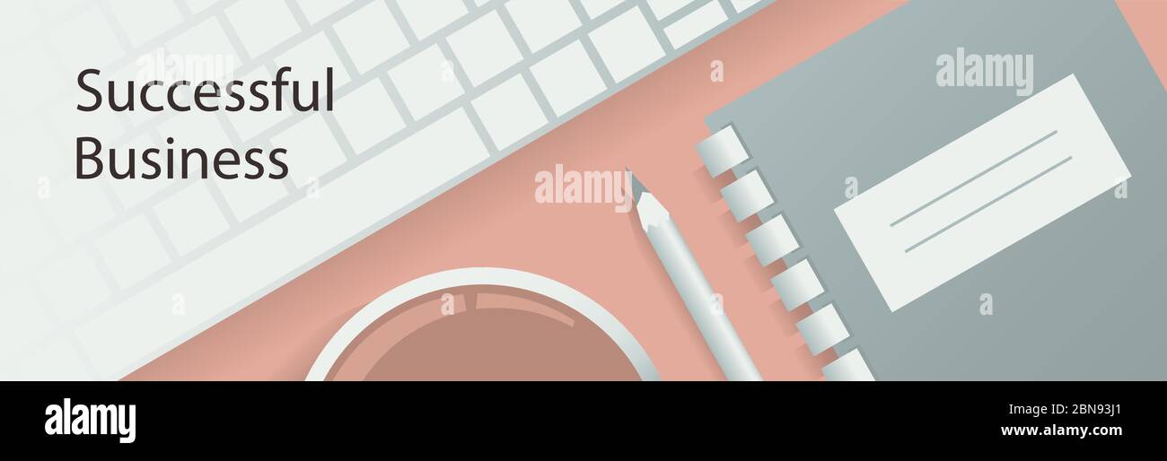 Banner background with keyboard, coffee and notepad on the table. Stock Vector