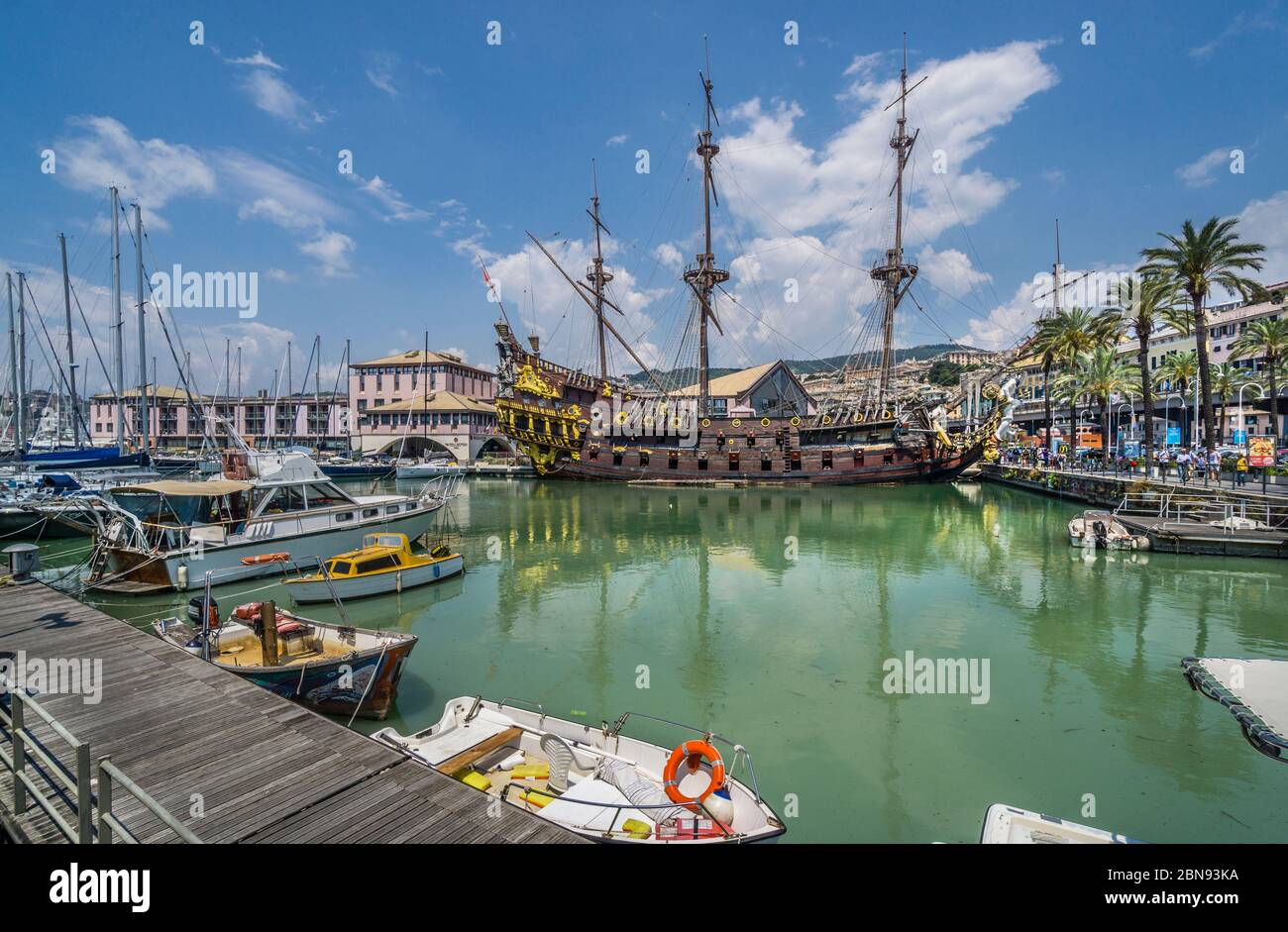 galeon 'Neptune', a replica of a 17th-century Spanish galleon, built for the 1985 film 'Pirates' moored in the Old Harbour of Genoa, Liguria, Italy Stock Photo