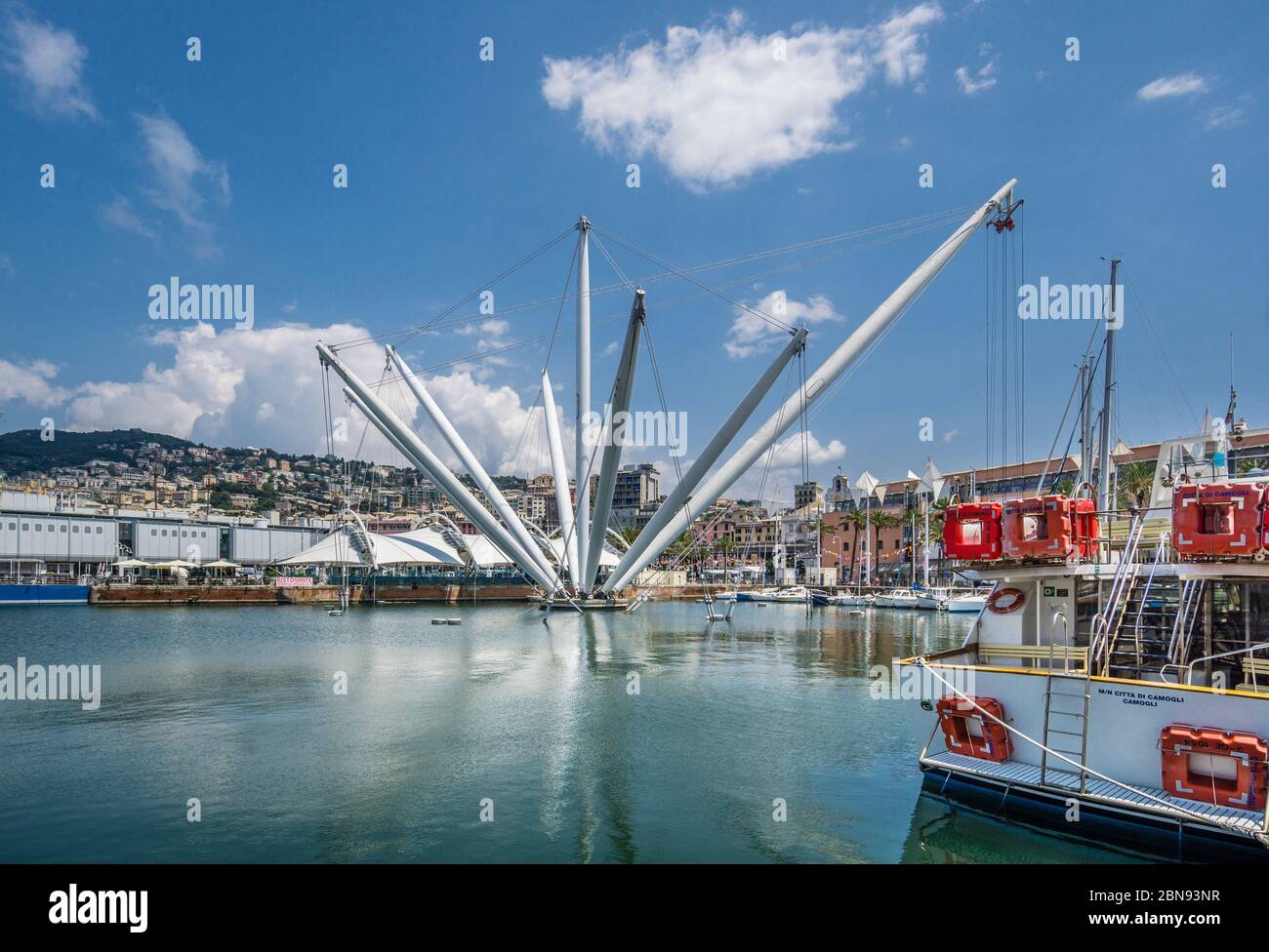 view of Bigo, a Sculptural, crane-inspired lift offering short rides with panoramic harbor views in the Old Harbour of Geno, Liguria, Italy Stock Photo