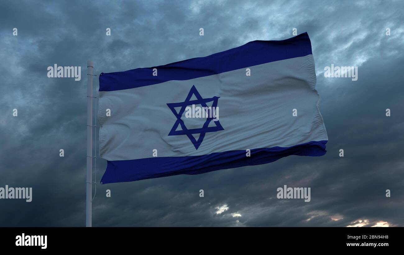Realistic flag of Israel waving in the wind against deep heavy stormy ...
